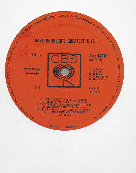 Dave Brubeck - Dave Brubeck's Greatest Hits | CBS (SBPG 62710) - 4