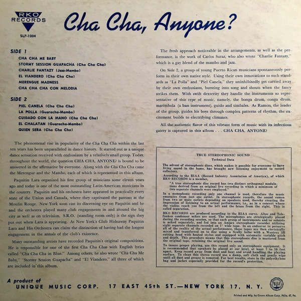 Paquitin Lara And His Latin-American Orchestra / Ramon And His Orchestra - Cha Cha Anyone? | RKO Records (SLP-1004) - 2 Paquitin Lara And His Latin-American Orchestra / Ramon And His Orchestra - Cha Cha Anyone? | RKO Records (SLP-1004) - 2