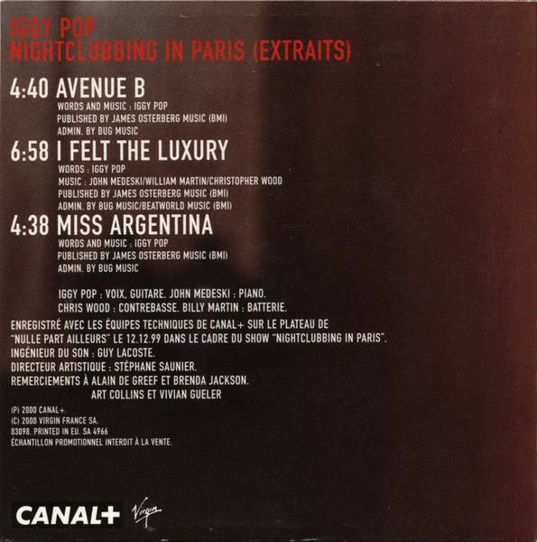 Iggy Pop - Nightclubbing In Paris (Extraits) | Virgin (SA 4966) - 2