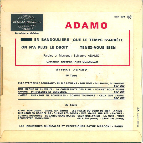 Adamo - En Bandoulière | La Voix De Son Maître (EGF 939) - 2