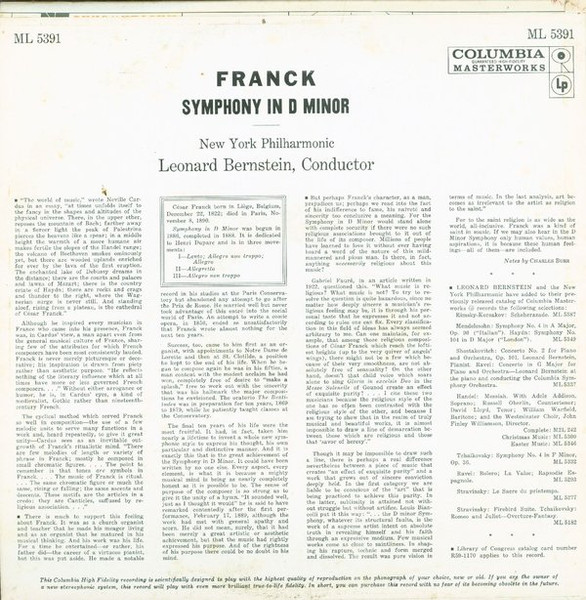 César Franck , Leonard Bernstein , New York Philharmonic - Symphony In D Minor | Columbia Masterworks (ML 5391) - 2