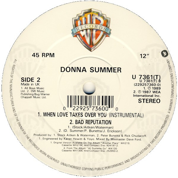 Donna Summer - When Love Takes Over You (12") [Vinyl] | Warner Bros. Records (U7361T) - 3