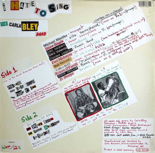 The Carla Bley Band - I Hate To Sing | WATT (WATT/12½) - 3