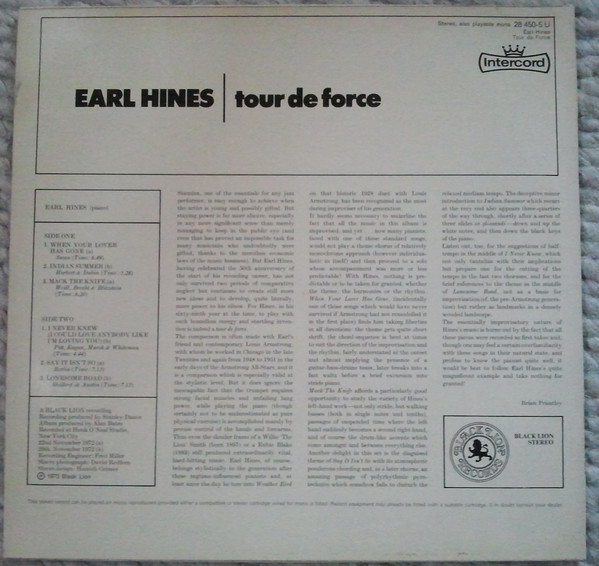 Earl Hines - Tour De Force | Intercord (28 450-5 U) - 2