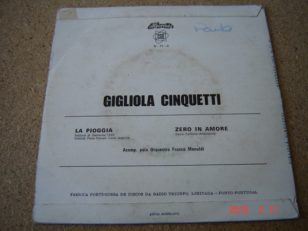 Gigliola Cinquetti - "San Remo 1969" La Pioggia / Zero In Amore | CGD (N-71-4) - 2