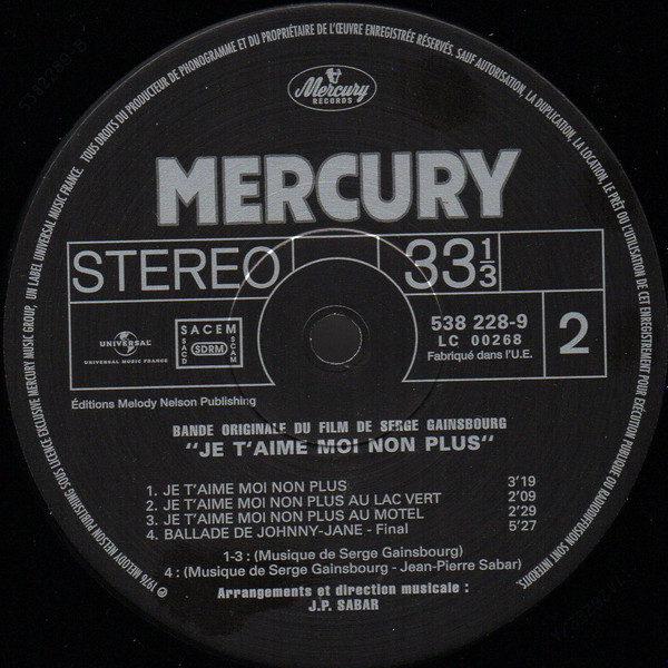Serge Gainsbourg Et Jean-Pierre Sabar - Bande Originale Du Film De Serge Gainsbourg "Je T'aime Moi Non Plus" | Mercury (538 228-9) - 4 Serge Gainsbourg Et Jean-Pierre Sabar - Bande Originale Du Film De Serge Gainsbourg "Je T'aime Moi Non Plus" | Mercury (538 228-9) - 4