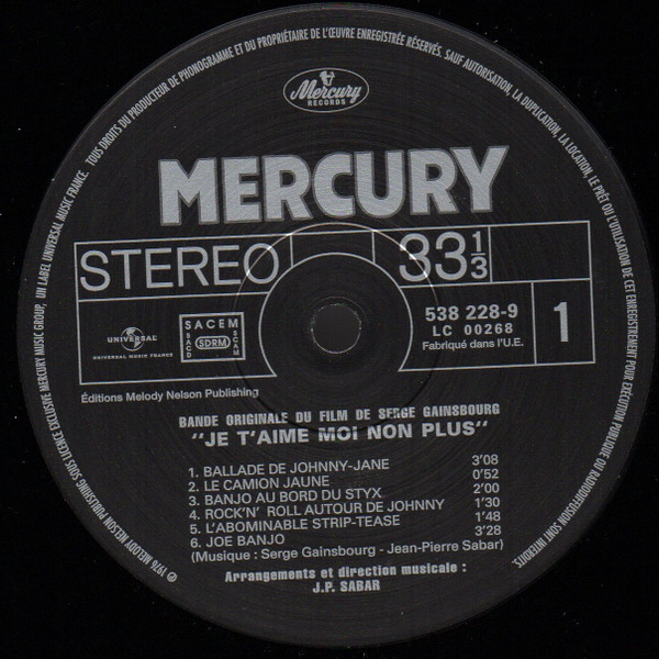 Serge Gainsbourg Et Jean-Pierre Sabar - Bande Originale Du Film De Serge Gainsbourg "Je T'aime Moi Non Plus" | Mercury (538 228-9) - 3 Serge Gainsbourg Et Jean-Pierre Sabar - Bande Originale Du Film De Serge Gainsbourg "Je T'aime Moi Non Plus" | Mercury (538 228-9) - 3