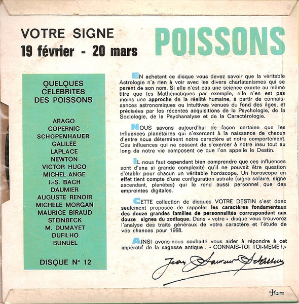 Jean-Sauveur Sébastian - Votre Signe Poissons - Votre Chance En 1968 - Disque N°12 | Not On Label (none) - 2