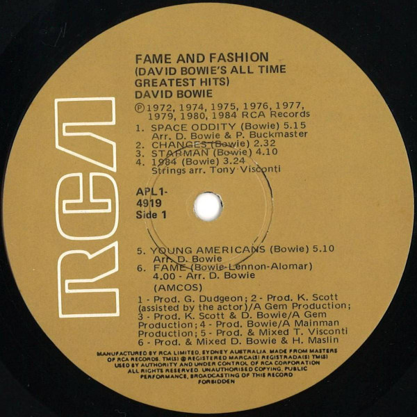 David Bowie - Fame And Fashion (David Bowie's All Time Greatest Hits) | RCA (APL1-4919) - 3 David Bowie - Fame And Fashion (David Bowie's All Time Greatest Hits) | RCA (APL1-4919) - 3