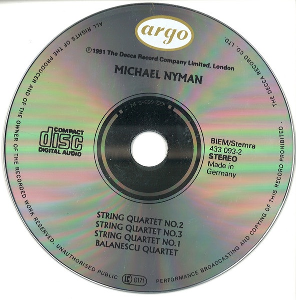 Michael Nyman , The Balanescu Quartet - String Quartets 1-3 | Argo (433 093-2) - 3