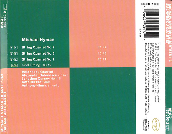 Michael Nyman , The Balanescu Quartet - String Quartets 1-3 | Argo (433 093-2) - 2