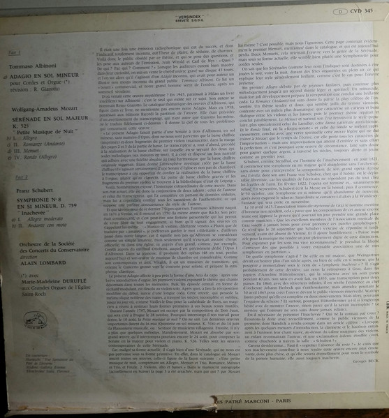 Tomaso Albinoni , Wolfgang Amadeus Mozart , Franz Schubert , Alain Lombard , Orchestre De La Société Des Concerts Du Conservatoire - Adagio Pour Cordes  & Orgue - Petite Musique De Nuit - Symphonie Inachevée | La Voix De Son Maître (CVD 345) - 3