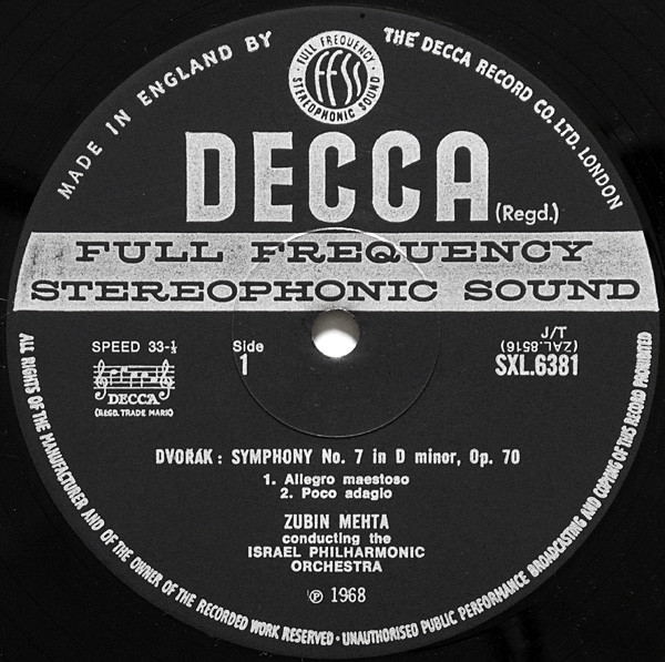 Antonín Dvořák , Israel Philharmonic Orchestra , Zubin Mehta - Israel Philharmonic Tour 1968 - Symphony No.7 | Decca (SXL 6381) - 3