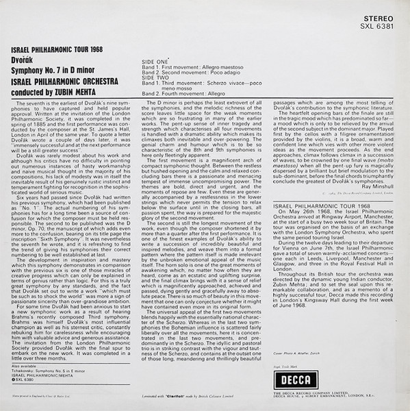 Antonín Dvořák , Israel Philharmonic Orchestra , Zubin Mehta - Israel Philharmonic Tour 1968 - Symphony No.7 | Decca (SXL 6381) - 2
