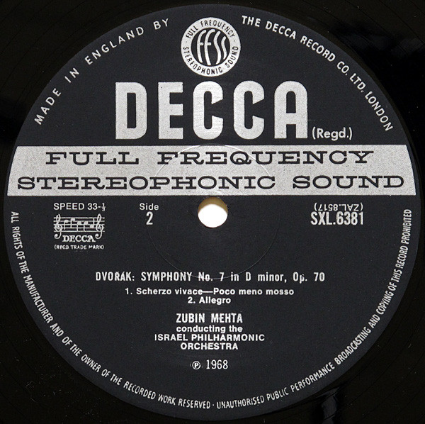 Antonín Dvořák , Israel Philharmonic Orchestra , Zubin Mehta - Israel Philharmonic Tour 1968 - Symphony No.7 | Decca (SXL 6381) - 4
