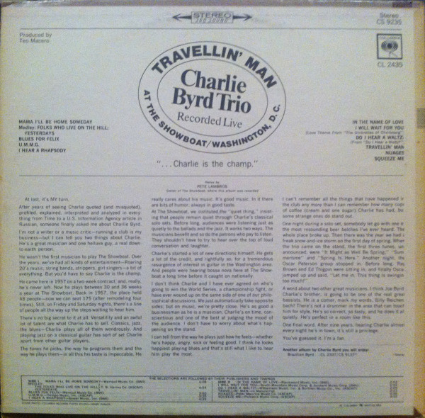 Charlie Byrd Trio - Travellin' Man [Vinyl] | Columbia (CS 9235) - 2