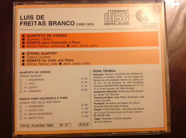 Luís de Freitas Branco - Takács Quartet , Miklós Perényi , Jenö Jandó - String Quartet - Sonata For Cello And Piano | Portugalsom (CD 870007/PS) - 2