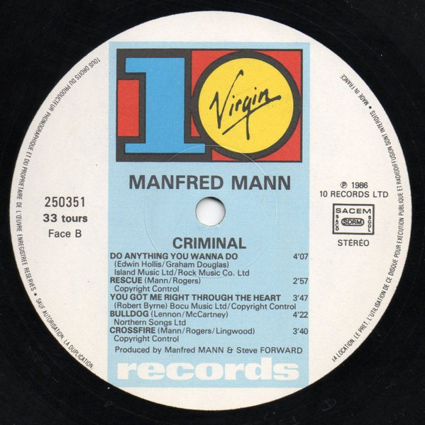 Manfred Mann's Earth Band With Chris Thompson - Criminal Tango | 10 Records (250351) - 3