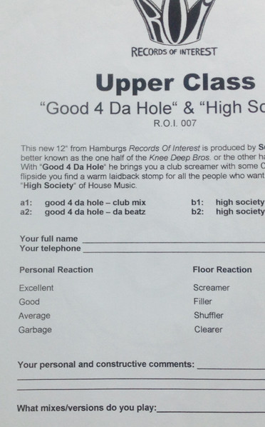 Upper Class - Good 4 Da Hole / High Society | Records Of Interest (R.O.I. 007) - 2