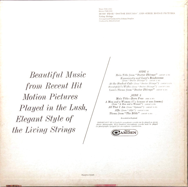 Living Strings - Music From "Doctor Zhivago" And Other Motion Pictures | RCA Camden (CAS 2133) - 2 Living Strings - Music From "Doctor Zhivago" And Other Motion Pictures | RCA Camden (CAS 2133) - 2
