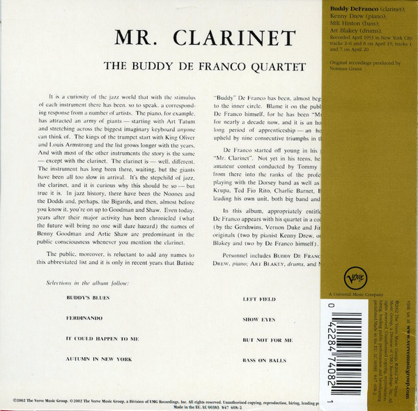 Buddy DeFranco Quartet - Mr. Clarinet CD | Verve Records (847 408-2) - 2