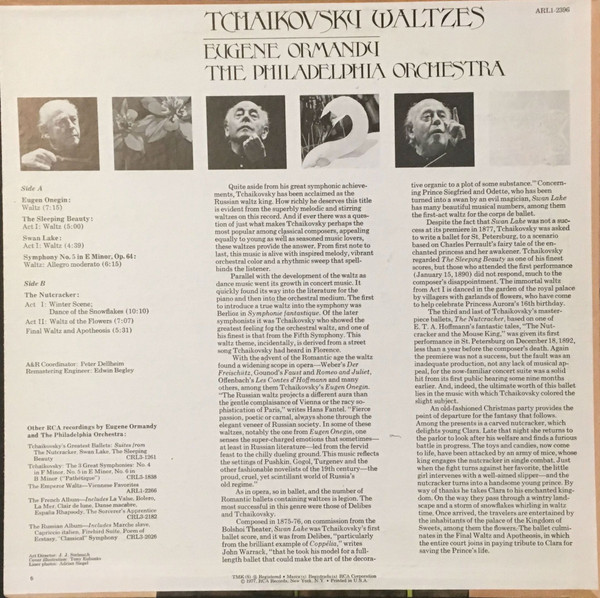Pyotr Ilyich Tchaikovsky - Eugene Ormandy , The Philadelphia Orchestra - Swan Lake And Other Tchaikovsky Waltzes | RCA Red Seal (ARL1-2396) - 2