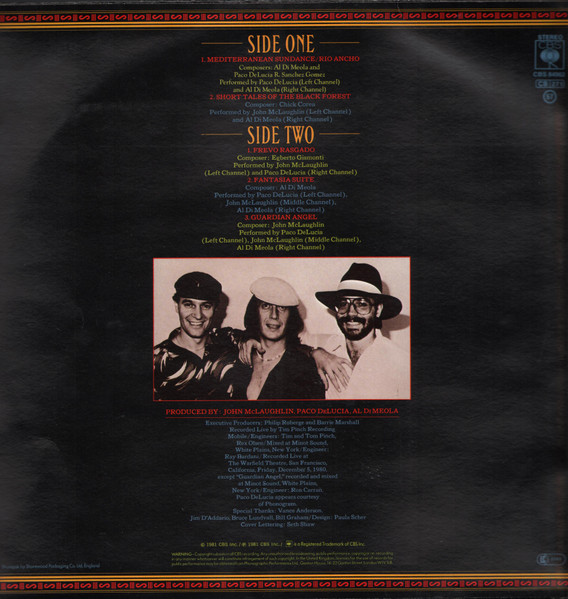 John McLaughlin / Al Di Meola / Paco De Lucía - Friday Night In San Francisco | CBS (CBS 84962) - 2