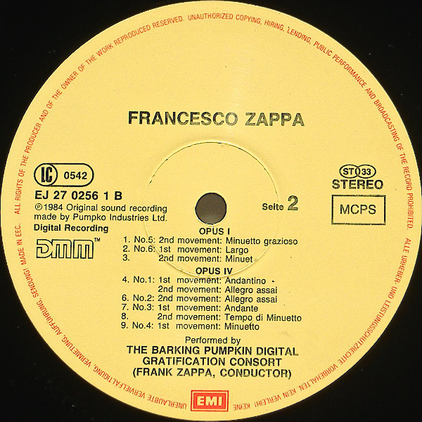Francesco Zappa Performed By The Barking Pumpkin Digital Gratification Consort , Conductor Frank Zappa - Francesco Zappa | EMI (EJ 27 0256 1)