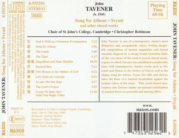 John Tavener - St. John's College Choir , Christopher Robinson - Song For Athene • Svyati And Other Choral Works | Naxos (8.555256) - 2