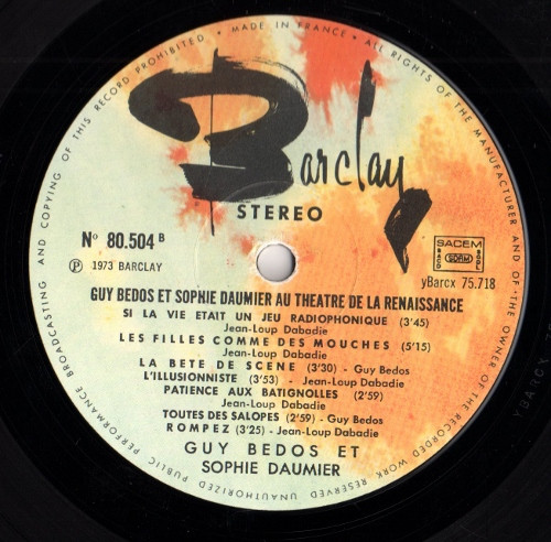 Guy Bedos - Sophie Daumier - Au Théâtre De La Renaissance | Barclay (80 504) - 4