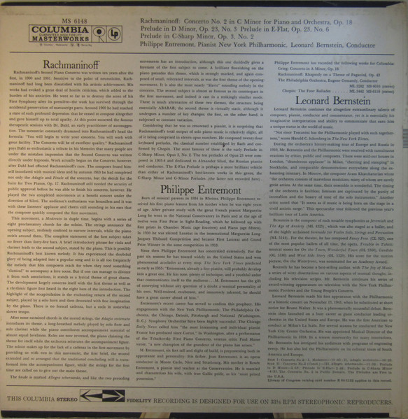 Sergei Vasilyevich Rachmaninoff : Philippe Entremont , Leonard Bernstein And New York Philharmonic - Concerto No. 2 / Three Preludes For Piano: No. 3 In D Minor, Op. 23 / No. 6 In E-Flat Major, Op. 23 / No. 2 In C-Sharp Minor, Op. 3 | Columbia Masterworks (MS 6148) - 4 Sergei Vasilyevich Rachmaninoff : Philippe Entremont , Leonard Bernstein And New York Philharmonic - Concerto No. 2 / Three Preludes For Piano: No. 3 In D Minor, Op. 23 / No. 6 In E-Flat Major, Op. 23 / No. 2 In C-Sharp Minor, Op. 3 | Columbia Masterworks (MS 6148) - 4