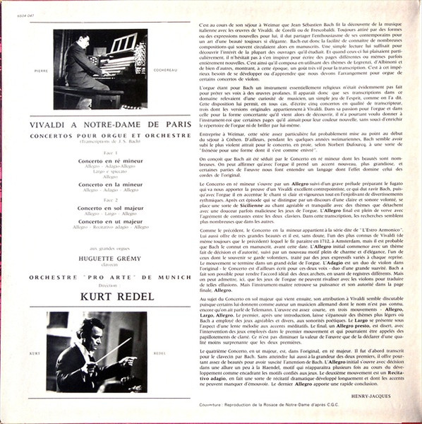 Antonio Vivaldi , Orchestre Pro Arte De Munich , Kurt Redel , Pierre Cochereau - Vivaldi A Notre-Dame - Quatre Concertos Pour Orgue Et Orchestre - Transcriptions De J.S.Bach | Philips (6504 047) - 2