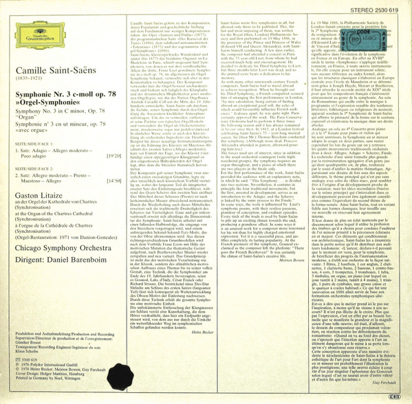 Camille Saint-Saëns - Gaston Litaize · Chicago Symphony Orchestra , Daniel Barenboim - Symphony No. 3 ”Organ” · „Orgel-Symphonie” | Deutsche Grammophon (2530 619) - 2