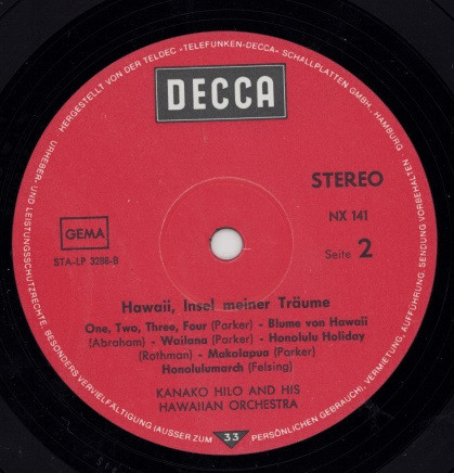Kanako Hilo And His Hawaiian Orchestra - Hawaii Insel Meiner Träume | Decca (NX 141) - 4