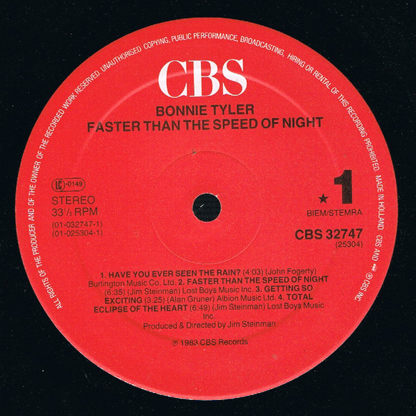 Bonnie Tyler - Faster Than The Speed Of Night | CBS (CBS 32747) - 3 Bonnie Tyler - Faster Than The Speed Of Night | CBS (CBS 32747) - 3