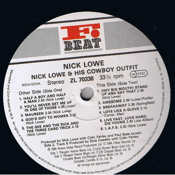 Nick Lowe And His Cowboy Outfit - Nick Lowe And His Cowboy Outfit | F-Beat (ZL 70338) - 4