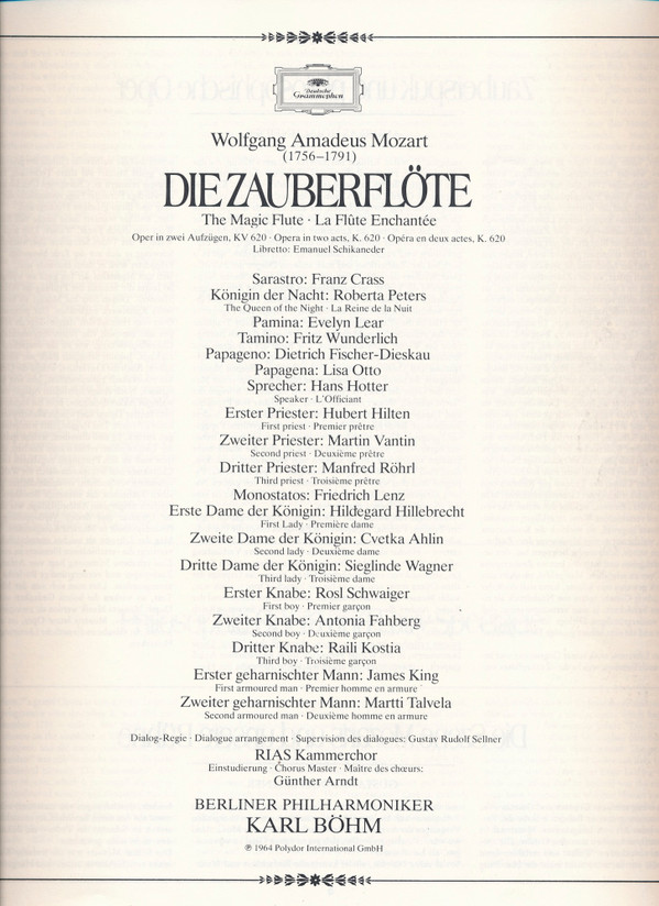 Wolfgang Amadeus Mozart - Evelyn Lear • Lisa Otto • Roberta Peters • Franz Crass • Dietrich Fischer-Dieskau • Hans Hotter • Fritz Wunderlich • Berliner Philharmoniker • Karl Böhm - Die Zauberflöte = The Magic Flute = La Flute Enchantée | Deutsche Grammophon (2740 207) - 3