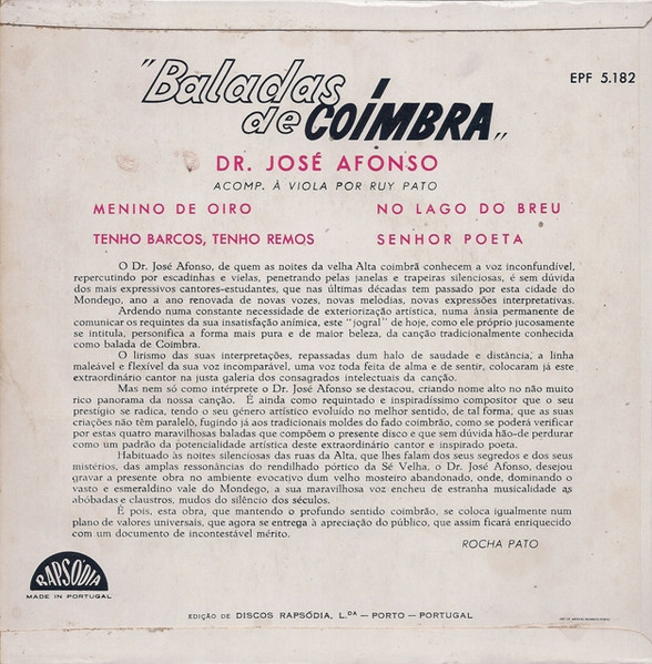 José Afonso - Baladas De Coimbra | Rapsódia (EPF 5.182) - 2 José Afonso - Baladas De Coimbra | Rapsódia (EPF 5.182) - 2