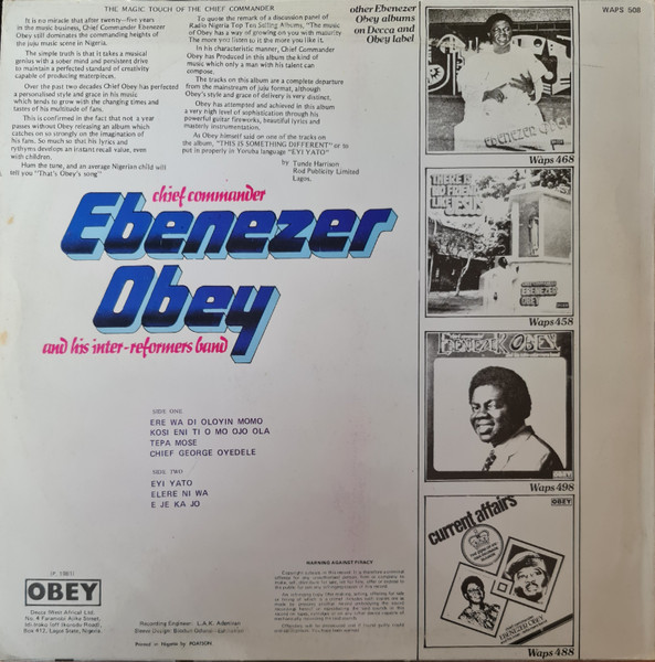 Chief Commander Ebenezer Obey & His Inter-Reformers Band - Eyi Yato | Obey (WAPS 508) - 2
