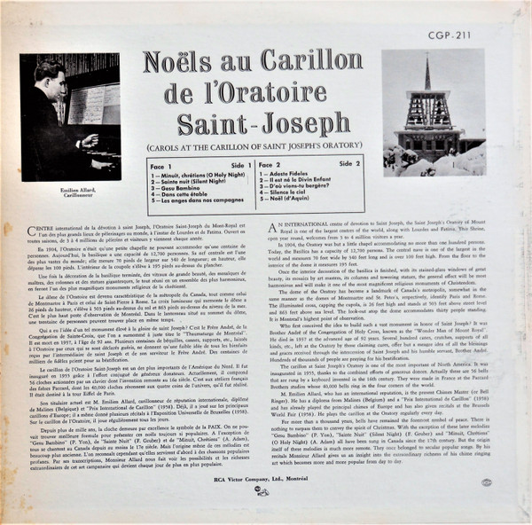 Émilien Allard - Noëls Au Carillon De L'Oratoire Saint-Joseph (Carols At The Carillon Of Saint Joseph's Oratory) | RCA Victor (CGP-211) - 2 Émilien Allard - Noëls Au Carillon De L'Oratoire Saint-Joseph (Carols At The Carillon Of Saint Joseph's Oratory) | RCA Victor (CGP-211) - 2