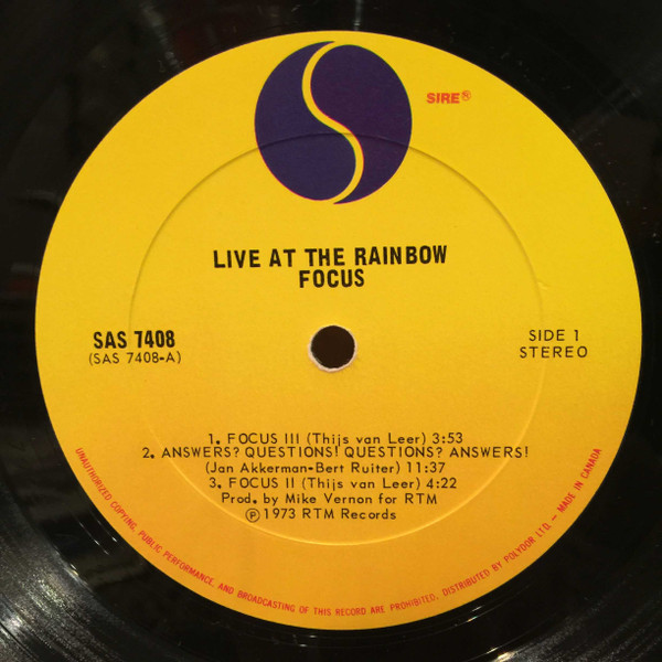 Focus - Live At The Rainbow [Vinyl] | Sire (SAS 7408) - 3