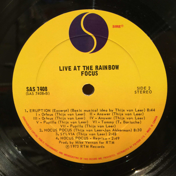 Focus - Live At The Rainbow [Vinyl] | Sire (SAS 7408) - 4