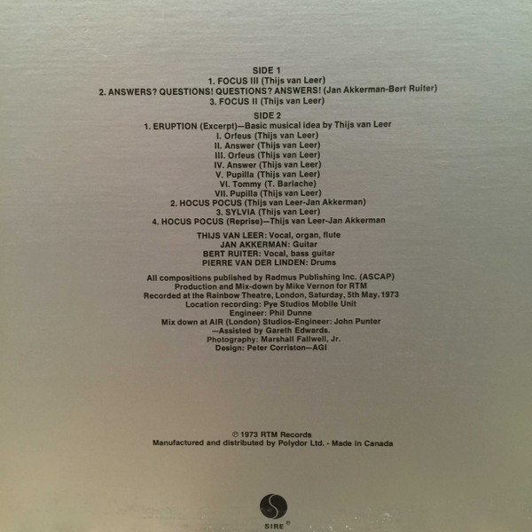 Focus - Live At The Rainbow [Vinyl] | Sire (SAS 7408) - 2