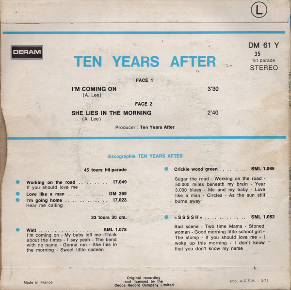 Ten Years After - I'm Coming On / She Lies In The Morning | Deram (DM 61 Y) - 2