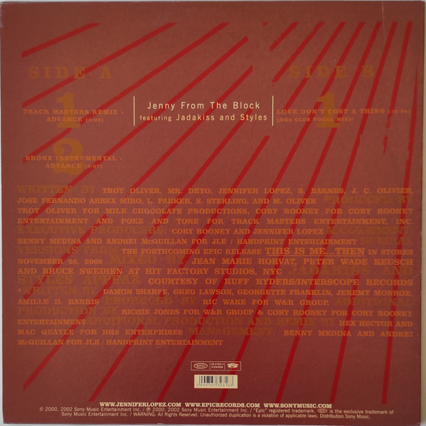 Jennifer Lopez featuring Jadakiss and Styles P - Jenny From The Block | Epic (EPC 673281 6) - 2