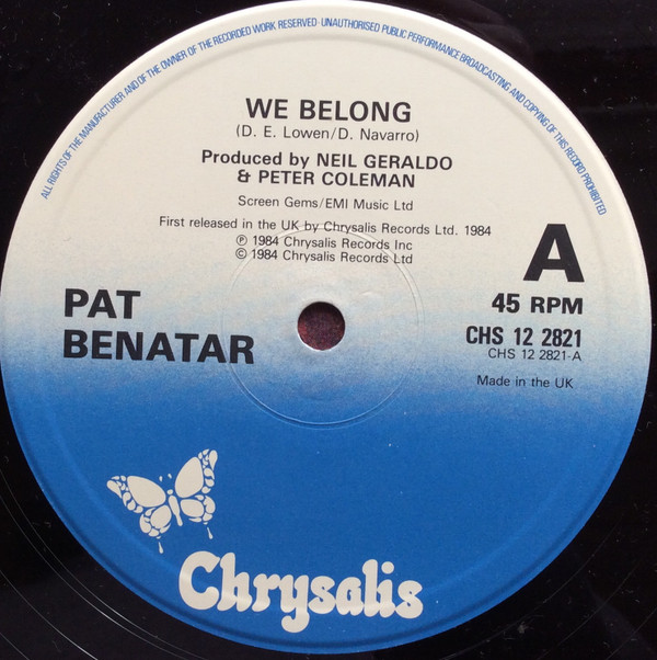 Pat Benatar - We Belong / We Live For Love '85 | Chrysalis (CHS 12 2821)