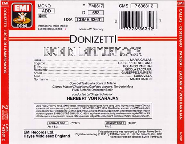 Gaetano Donizetti - Maria Callas , Giuseppe di Stefano , Rolando Panerai , Nicola Zaccaria , Coro Del Teatro Alla Scala , RIAS Symphonie-Orchester Berlin , Herbert von Karajan - Lucia Di Lammermoor | EMI DRM (CMS 7 63631 2) - 2 Gaetano Donizetti - Maria Callas , Giuseppe di Stefano , Rolando Panerai , Nicola Zaccaria , Coro Del Teatro Alla Scala , RIAS Symphonie-Orchester Berlin , Herbert von Karajan - Lucia Di Lammermoor | EMI DRM (CMS 7 63631 2) - 2