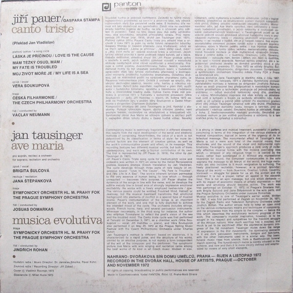 Jiří Pauer / Jan Tausinger - Canto Triste / Ave Maria / Musica Evolutiva | Panton (11 0359) - 2