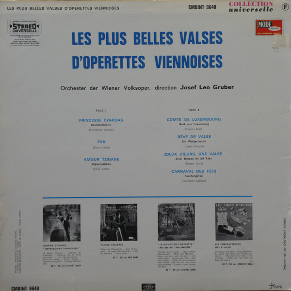 Josef Leo Gruber , Wiener Volksopernorchester - Les Plus Belles Valses D'Operettes Viennoises | Disques Vogue (CMDINT 9648) - 2