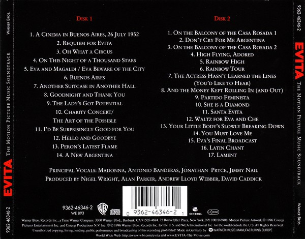Andrew Lloyd Webber And Tim Rice - Evita (The Motion Picture Music Soundtrack) | Warner Bros. Records (9362-46346-2) - 3 Andrew Lloyd Webber And Tim Rice - Evita (The Motion Picture Music Soundtrack) | Warner Bros. Records (9362-46346-2) - 3